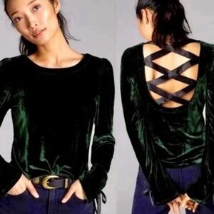 Anthropologie Emerald Green Velvet Top with Bow Detail on Sleeves | Open Back